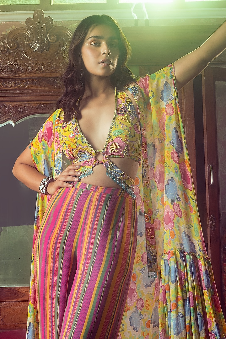 Yellow Georgette & Crepe Floral Printed Cape Set by DiyaRajvvir at Pernia's Pop Up Shop