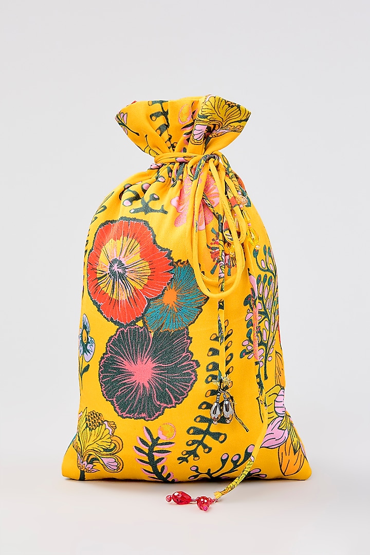 Yellow Modal Satin Printed Potli Bag by DiyaRajvvir at Pernia's Pop Up Shop