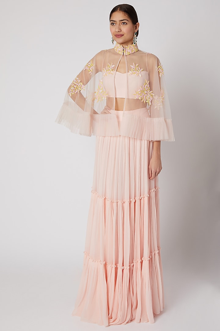 Blush Pink Embroidered Cape Set by DiyaRajvvir at Pernia's Pop Up Shop