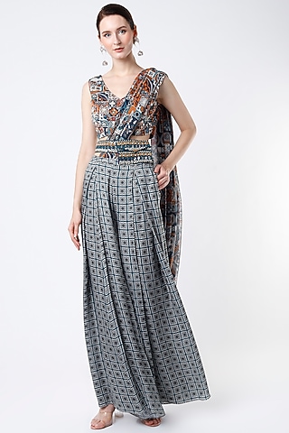 Grey & Teal Georgette Printed Pant Saree Set by DiyaRajvvir