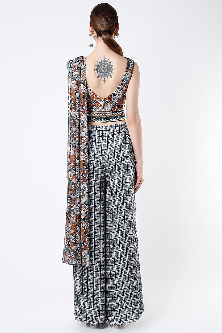 Grey & Teal Georgette Printed Pant Party Wear Saree Set by DiyaRajvvir at Pernia's Pop Up Shop