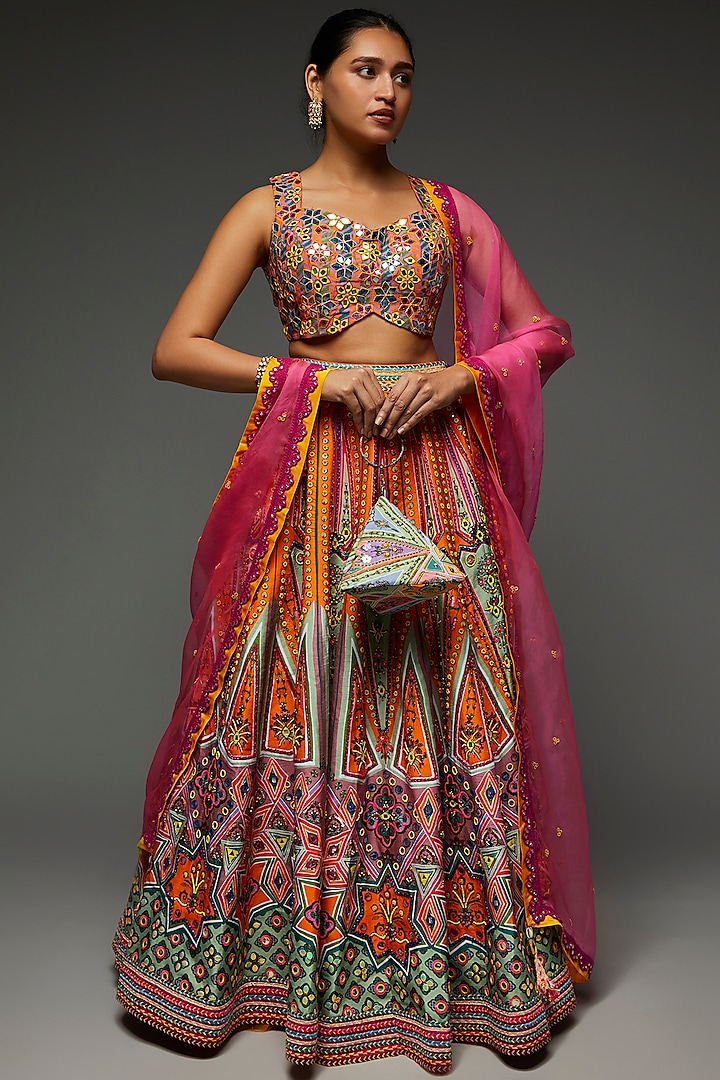 Multi-Colored Raw Silk Printed Lehenga Set by DiyaRajvvir