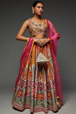 Multi-Colored Raw Silk Printed Lehenga Set by diyarajvvir