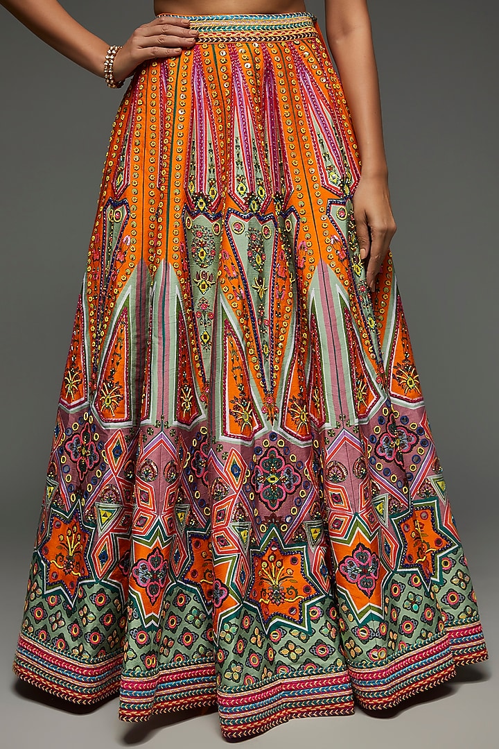 Multi-Colored Raw Silk Printed Wedding Lehenga Set by DiyaRajvvir at Pernia's Pop Up Shop