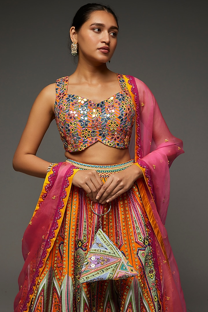 Multi-Colored Raw Silk Printed Wedding Lehenga Set by DiyaRajvvir at Pernia's Pop Up Shop