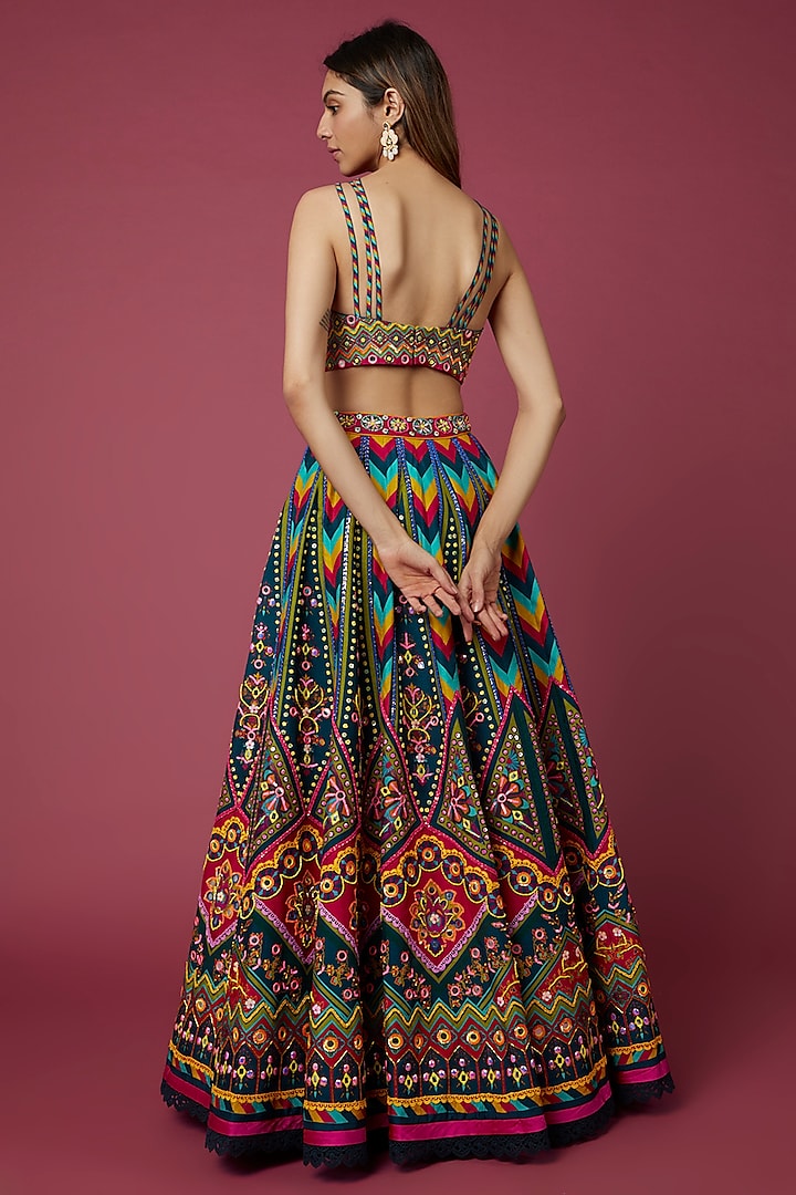 Teal Blue Chevron Printed Wedding Lehenga Set by DiyaRajvvir at Pernia's Pop Up Shop