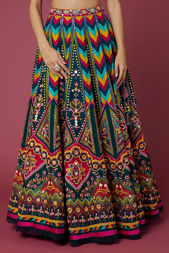 Teal Blue Chevron Printed Wedding Lehenga Set by DiyaRajvvir at Pernia's Pop Up Shop