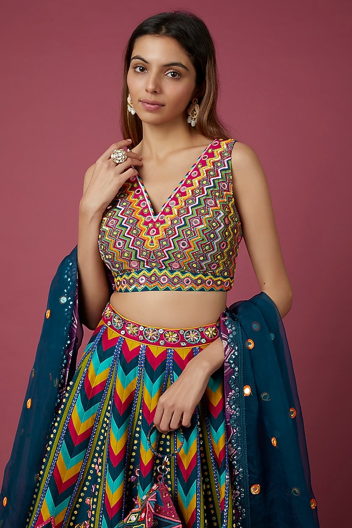 Teal Blue Chevron Printed Wedding Lehenga Set by DiyaRajvvir at Pernia's Pop Up Shop