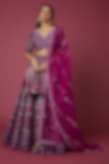 Purple Printed Viscose Raw Silk Wedding Lehenga Set by DiyaRajvvir at Pernia's Pop Up Shop