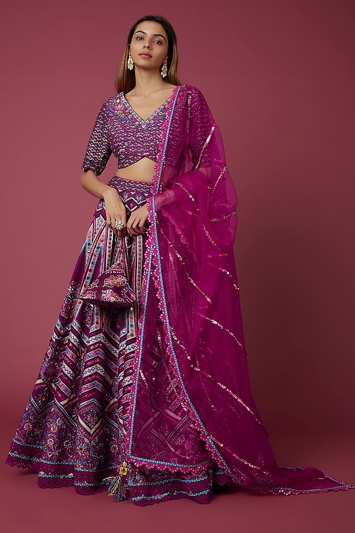 Purple Printed Viscose Raw Silk Wedding Lehenga Set by DiyaRajvvir at Pernia's Pop Up Shop