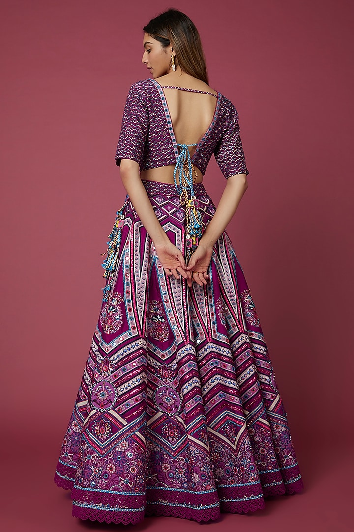 Purple Printed Viscose Raw Silk Wedding Lehenga Set by DiyaRajvvir at Pernia's Pop Up Shop