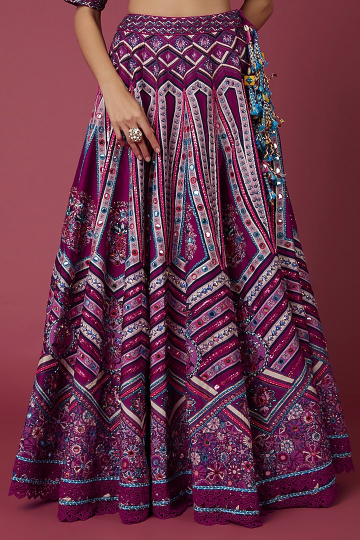 Purple Printed Viscose Raw Silk Wedding Lehenga Set by DiyaRajvvir at Pernia's Pop Up Shop