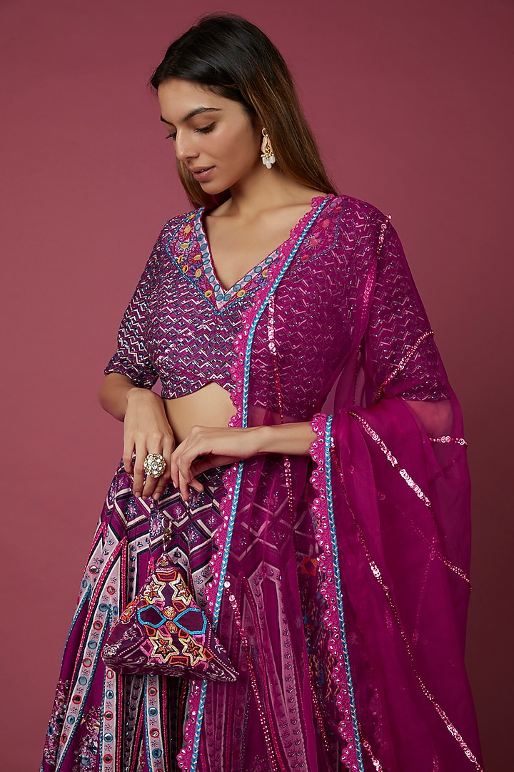 Purple Printed Viscose Raw Silk Wedding Lehenga Set by DiyaRajvvir at Pernia's Pop Up Shop