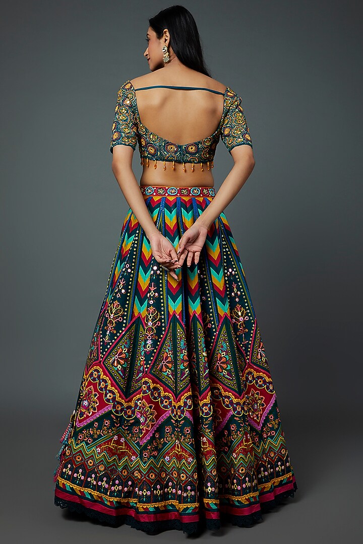 Teal Blue Raw Silk Printed & Embroidered Wedding Lehenga Set by DiyaRajvvir at Pernia's Pop Up Shop