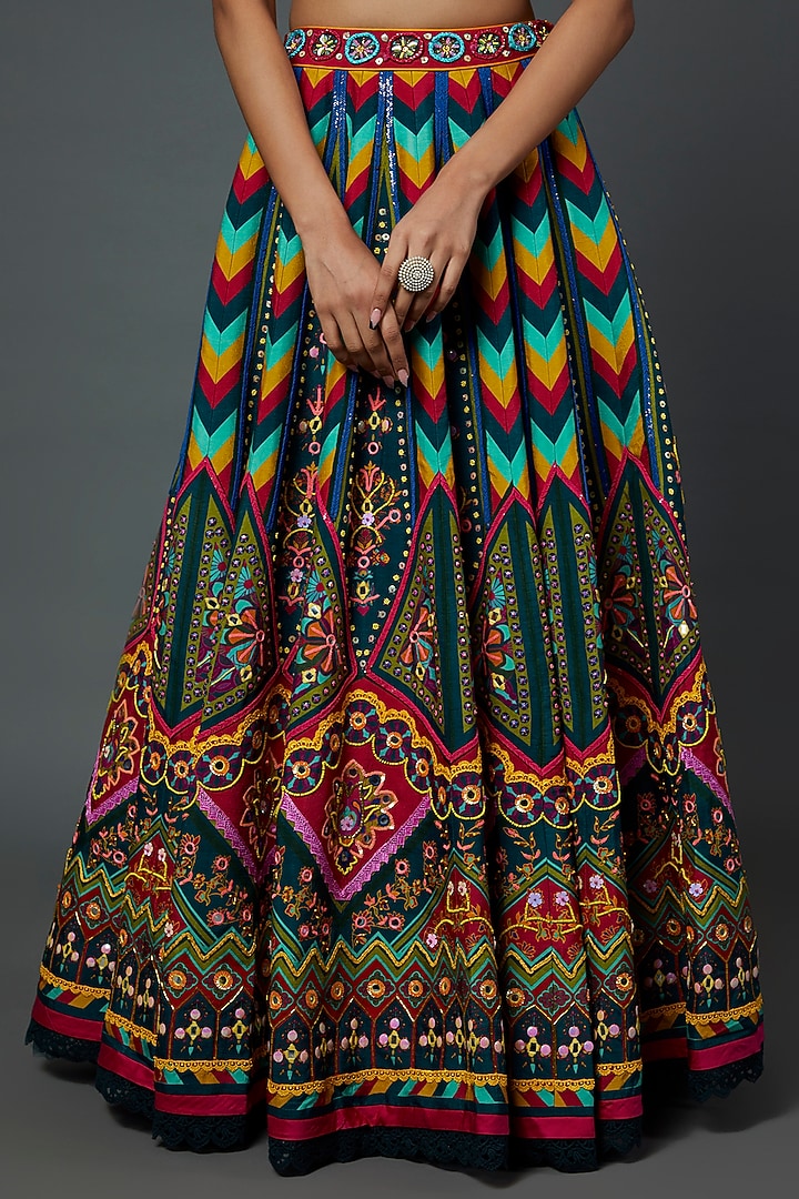 Teal Blue Raw Silk Printed & Embroidered Wedding Lehenga Set by DiyaRajvvir at Pernia's Pop Up Shop