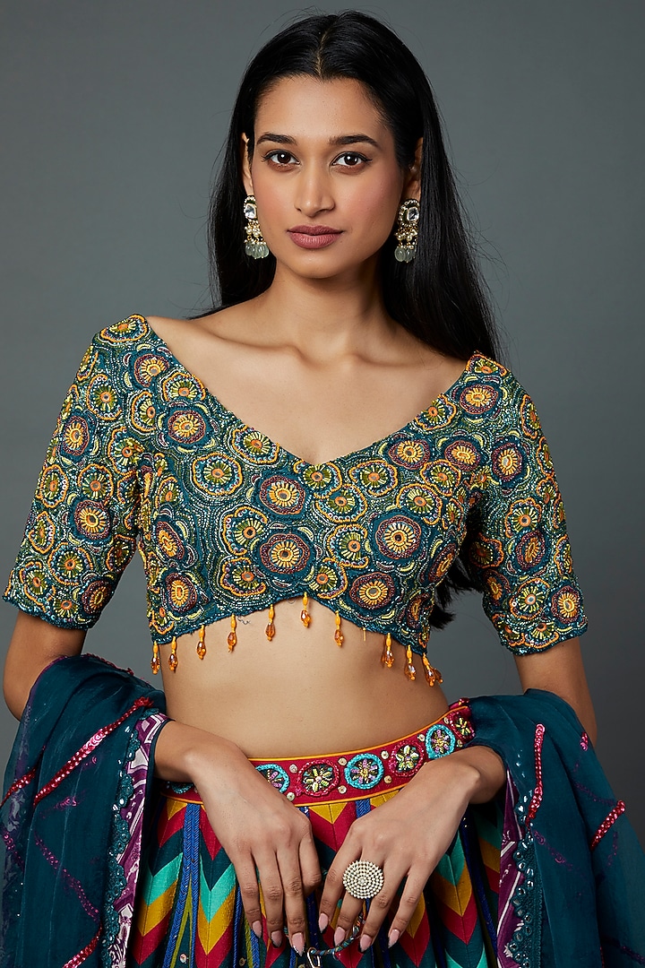 Teal Blue Raw Silk Printed & Embroidered Wedding Lehenga Set by DiyaRajvvir at Pernia's Pop Up Shop