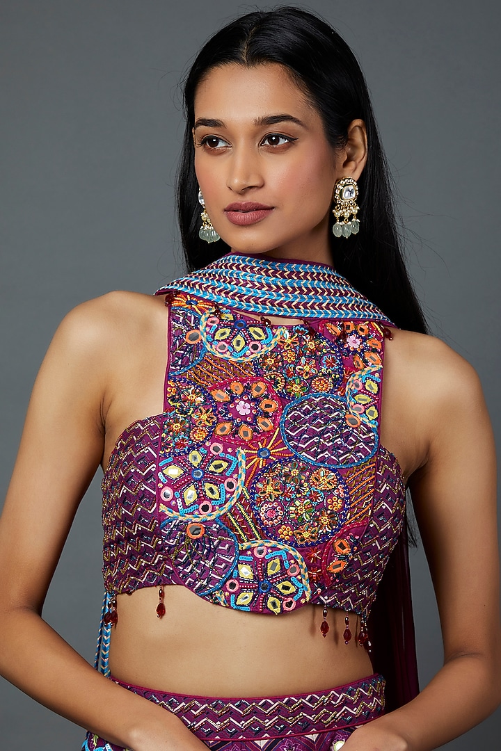 Purple Raw Silk Embroidered Wedding Lehenga Set by DiyaRajvvir at Pernia's Pop Up Shop