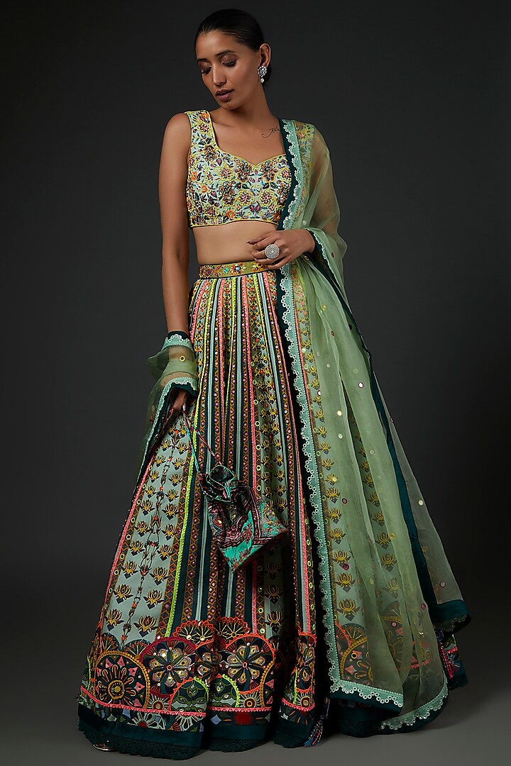 Mint Green Digital Printed & Embroidered Lehenga Set by DiyaRajvvir