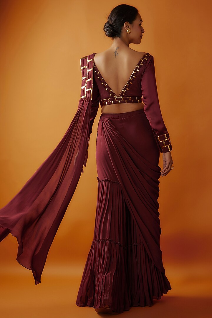 Maroon Red Modal & Georgette Metallic Embroidered Draped Gharara Pant Wedding Saree Set by DiyaRajvvir at Pernia's Pop Up Shop