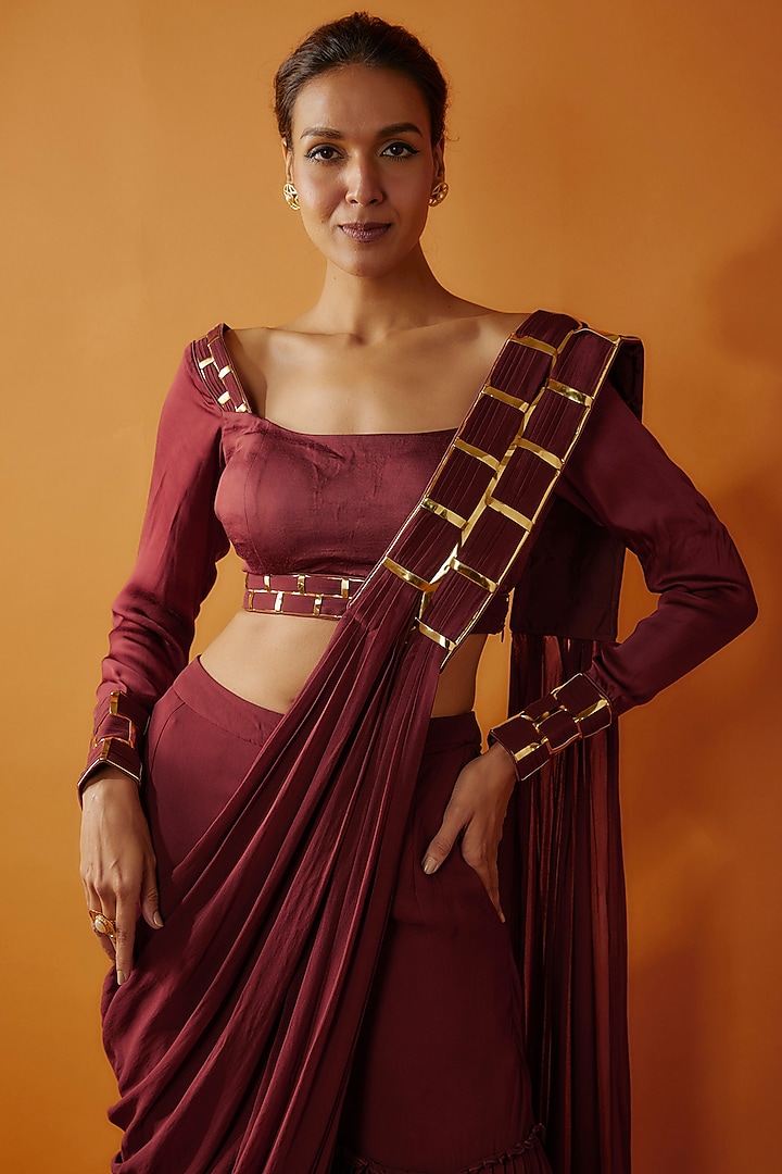 Maroon Red Modal & Georgette Metallic Embroidered Draped Gharara Pant Wedding Saree Set by DiyaRajvvir at Pernia's Pop Up Shop