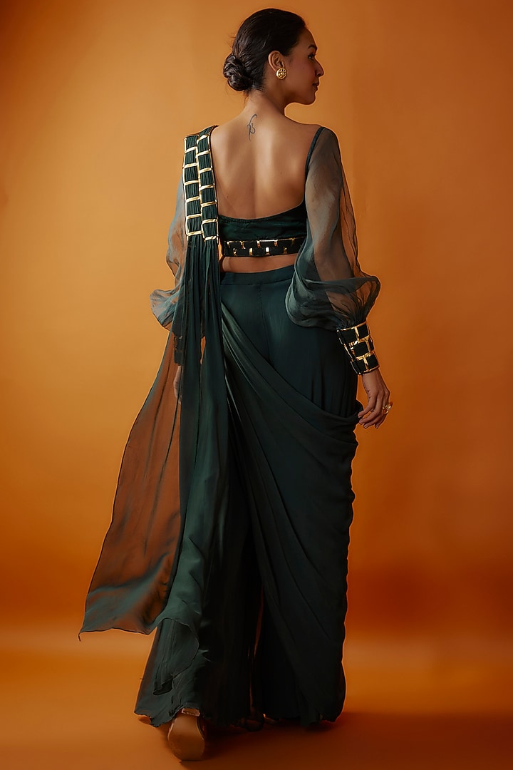 Bottle Green Modal & Georgette Metallic Draped Gharara Pant Wedding Saree Set by DiyaRajvvir at Pernia's Pop Up Shop