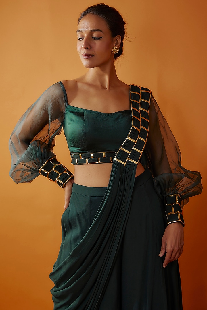 Bottle Green Modal & Georgette Metallic Draped Gharara Pant Wedding Saree Set by DiyaRajvvir at Pernia's Pop Up Shop