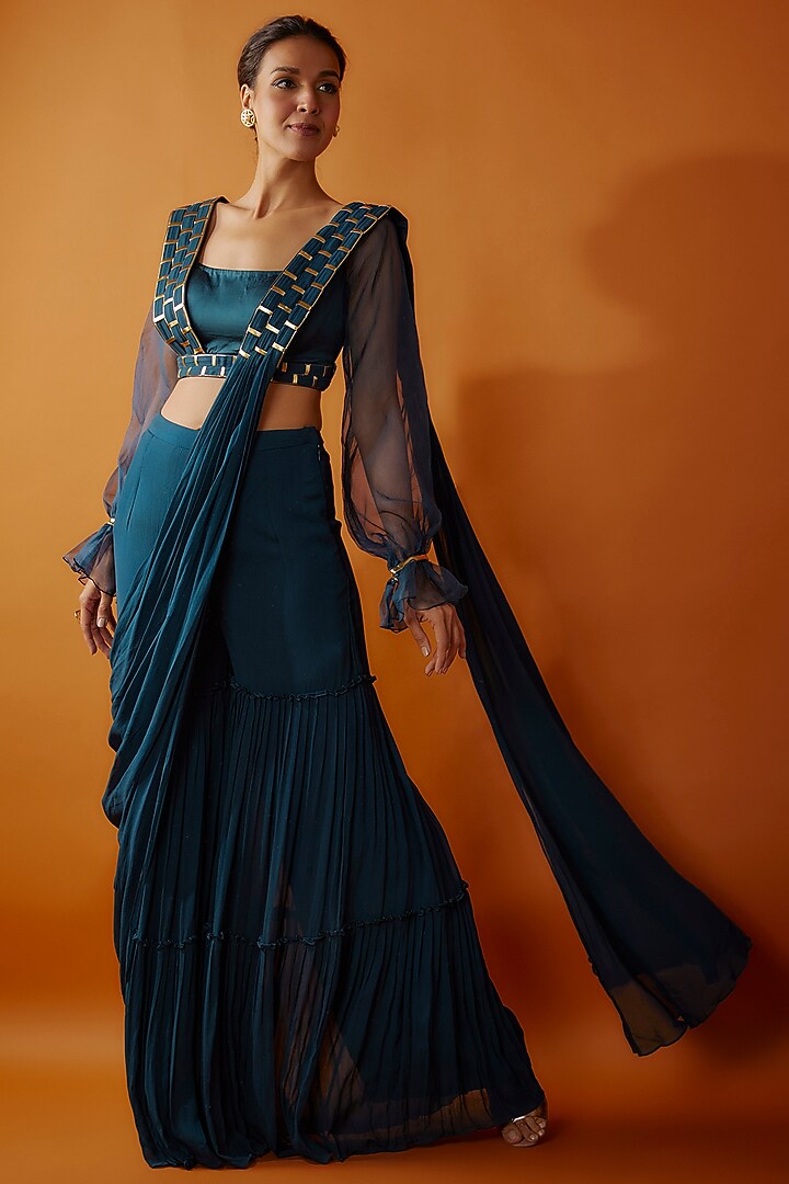 Teal Blue Modal & Georgette Metallic Embroidered Draped Gharara Pant Wedding Saree Set by DiyaRajvvir at Pernia's Pop Up Shop