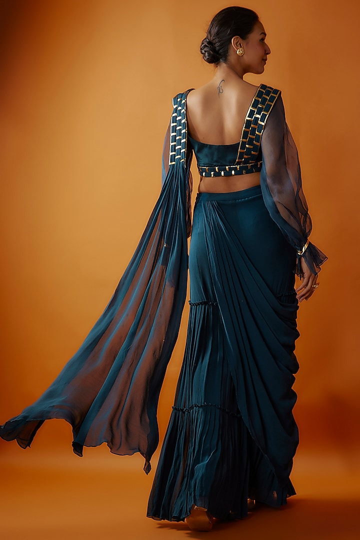 Teal Blue Modal & Georgette Metallic Embroidered Draped Gharara Pant Wedding Saree Set by DiyaRajvvir at Pernia's Pop Up Shop