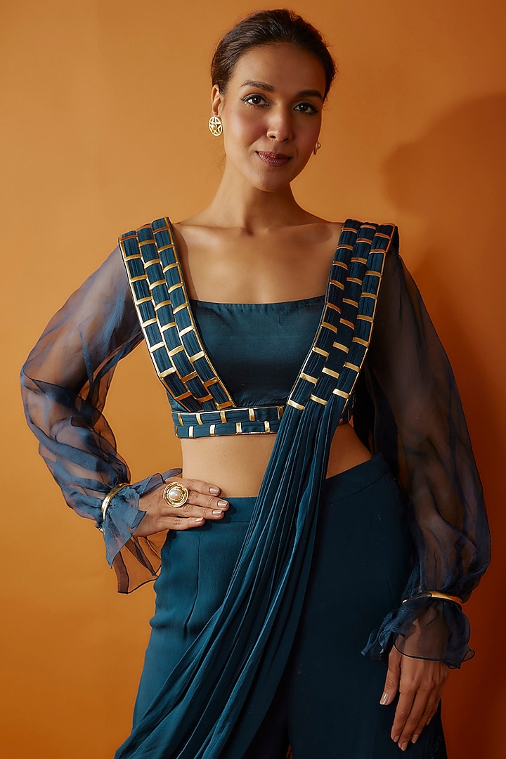 Teal Blue Modal & Georgette Metallic Embroidered Draped Gharara Pant Wedding Saree Set by DiyaRajvvir at Pernia's Pop Up Shop