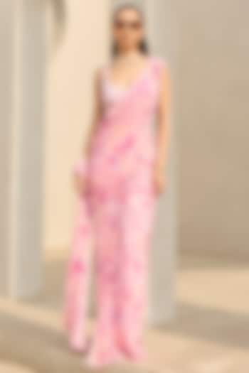 Pink Georgette Floral Printed Wedding Saree Set by DiyaRajvvir at Pernia's Pop Up Shop