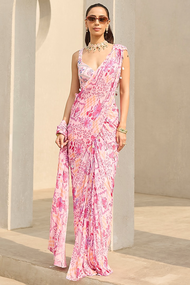 Pink Georgette Floral Printed Wedding Saree Set by DiyaRajvvir at Pernia's Pop Up Shop