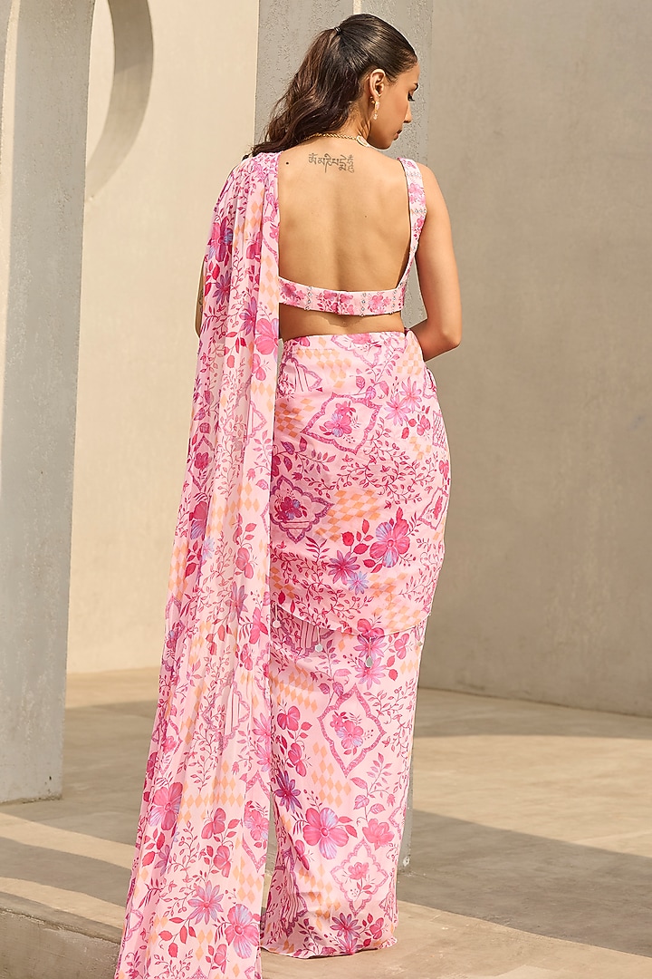 Pink Georgette Floral Printed Wedding Saree Set by DiyaRajvvir at Pernia's Pop Up Shop