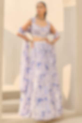 Ivory & Blue Georgette Floral Printed Wedding Lehenga Set by DiyaRajvvir at Pernia's Pop Up Shop