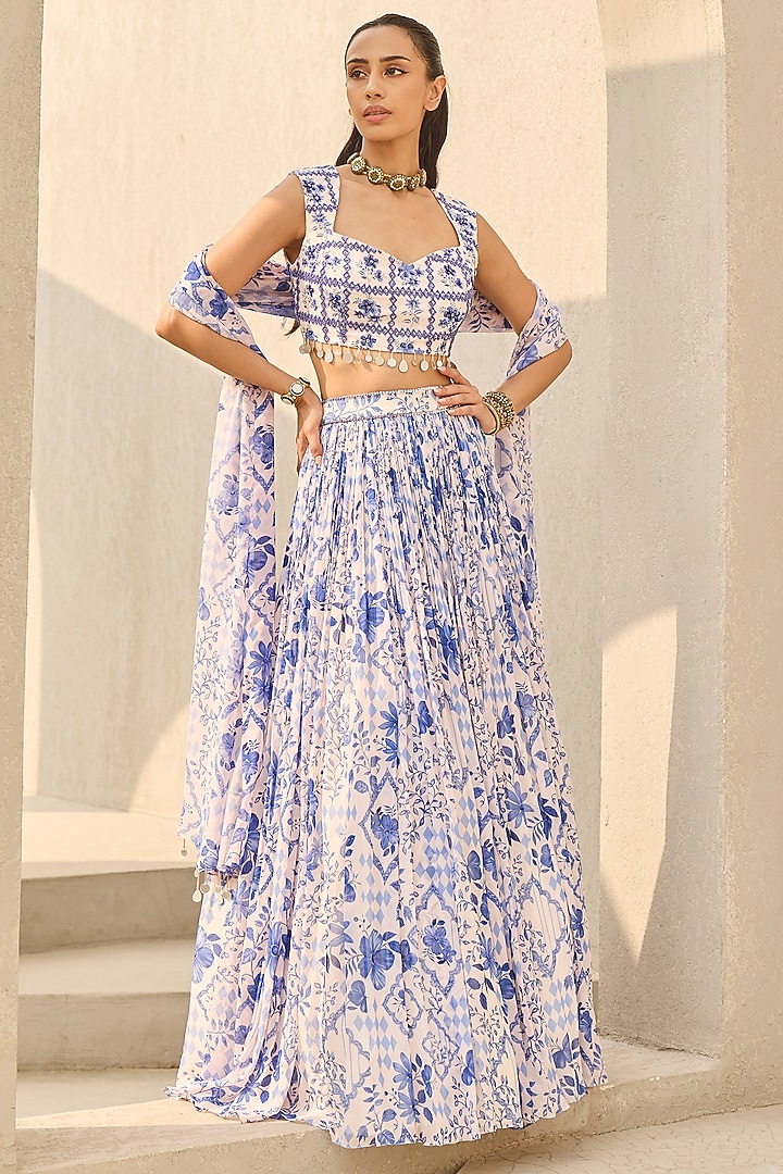 Ivory & Blue Georgette Floral Printed Wedding Lehenga Set by DiyaRajvvir at Pernia's Pop Up Shop