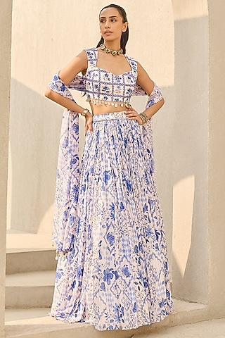 Ivory & Blue Georgette Floral Printed Lehenga Set by DiyaRajvvir
