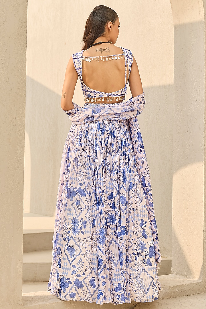 Ivory & Blue Georgette Floral Printed Wedding Lehenga Set by DiyaRajvvir at Pernia's Pop Up Shop
