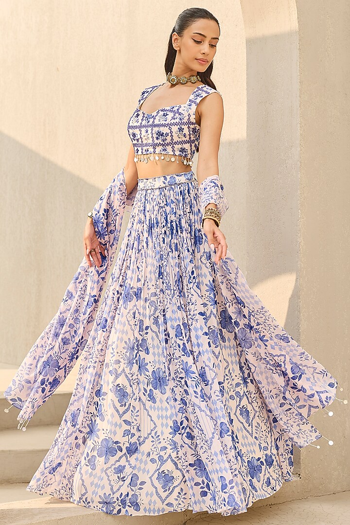 Ivory & Blue Georgette Floral Printed Wedding Lehenga Set by DiyaRajvvir at Pernia's Pop Up Shop