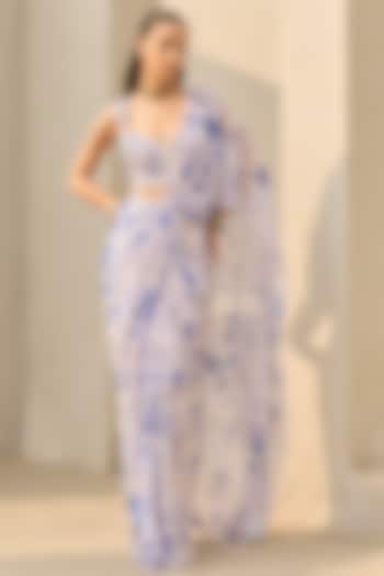 Ivory & Blue Georgette Floral Printed Wedding Saree Set by DiyaRajvvir at Pernia's Pop Up Shop