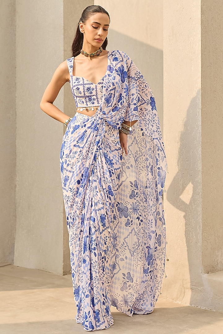 Ivory & Blue Georgette Floral Printed Wedding Saree Set by DiyaRajvvir at Pernia's Pop Up Shop