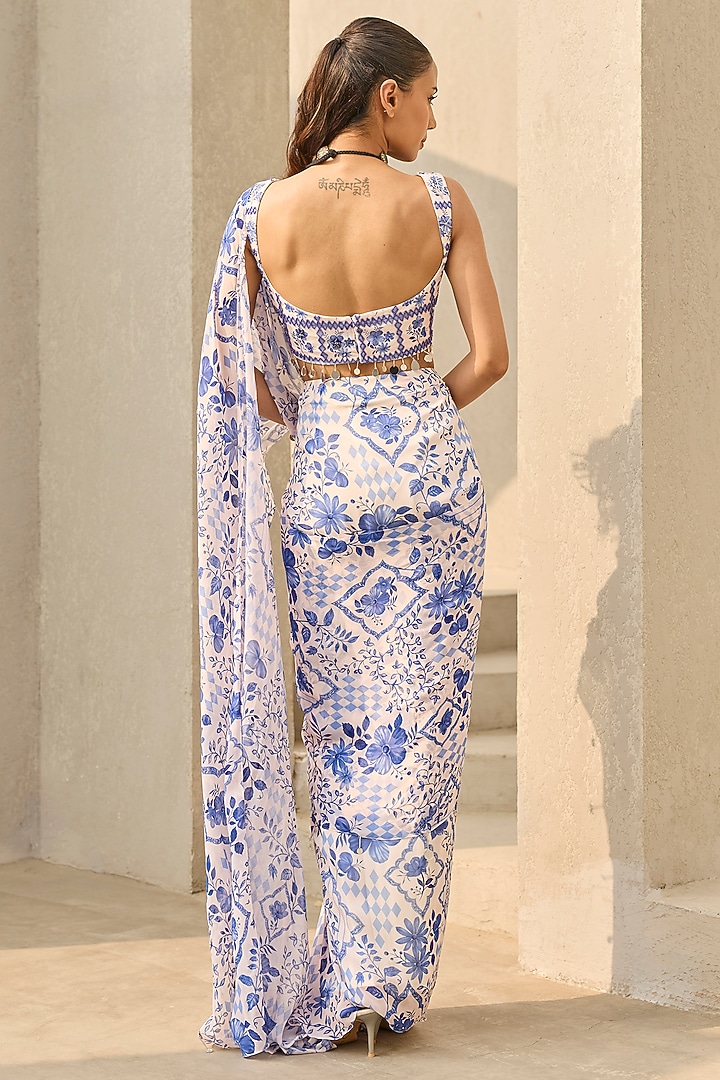 Ivory & Blue Georgette Floral Printed Wedding Saree Set by DiyaRajvvir at Pernia's Pop Up Shop