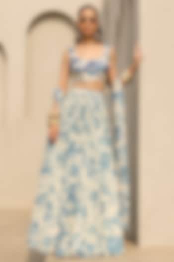 Ivory & Blue Crepe Floral Printed Wedding Lehenga Set by DiyaRajvvir at Pernia's Pop Up Shop