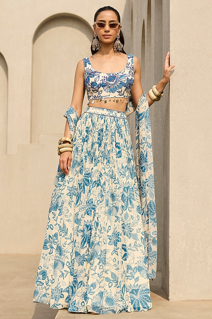 Ivory & Blue Crepe Floral Printed Wedding Lehenga Set by DiyaRajvvir at Pernia's Pop Up Shop