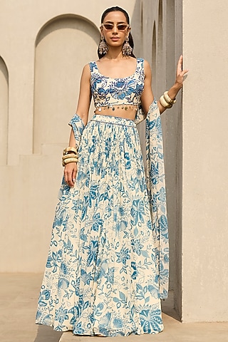 Ivory & Blue Crepe Floral Printed Lehenga Set by DiyaRajvvir