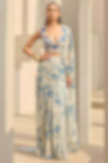 Ivory & Blue Georgette Floral Printed Ruched Wedding Saree Set by DiyaRajvvir at Pernia's Pop Up Shop