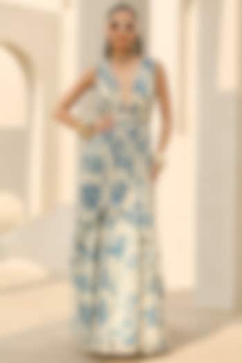 Ivory & Blue Georgette Floral Printed Ruched Layered Vacation Dress by DiyaRajvvir at Pernia's Pop Up Shop