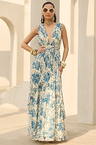 Ivory & Blue Georgette Floral Printed Ruched Layered Dress by DiyaRajvvir