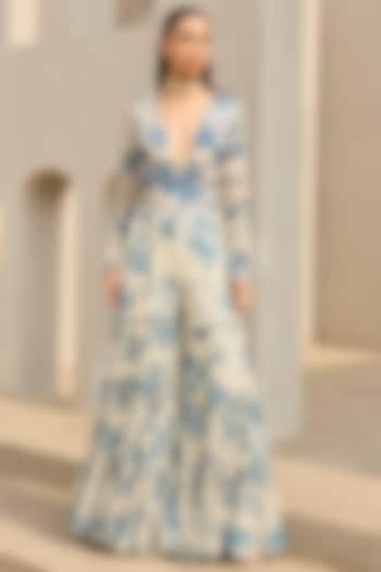 Ivory & Blue Georgette Floral Printed Jumpsuit by DiyaRajvvir at Pernia's Pop Up Shop
