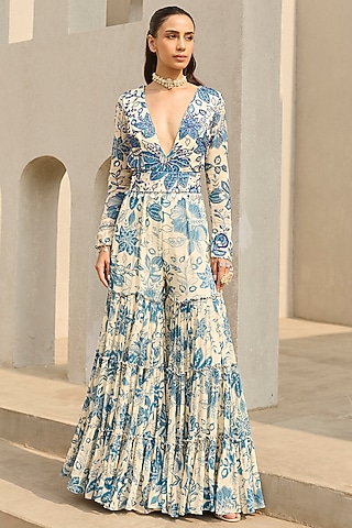 Ivory & Blue Georgette Floral Printed Jumpsuit by DiyaRajvvir