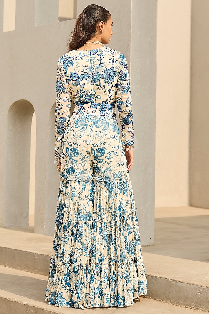 Ivory & Blue Georgette Floral Printed Jumpsuit by DiyaRajvvir at Pernia's Pop Up Shop