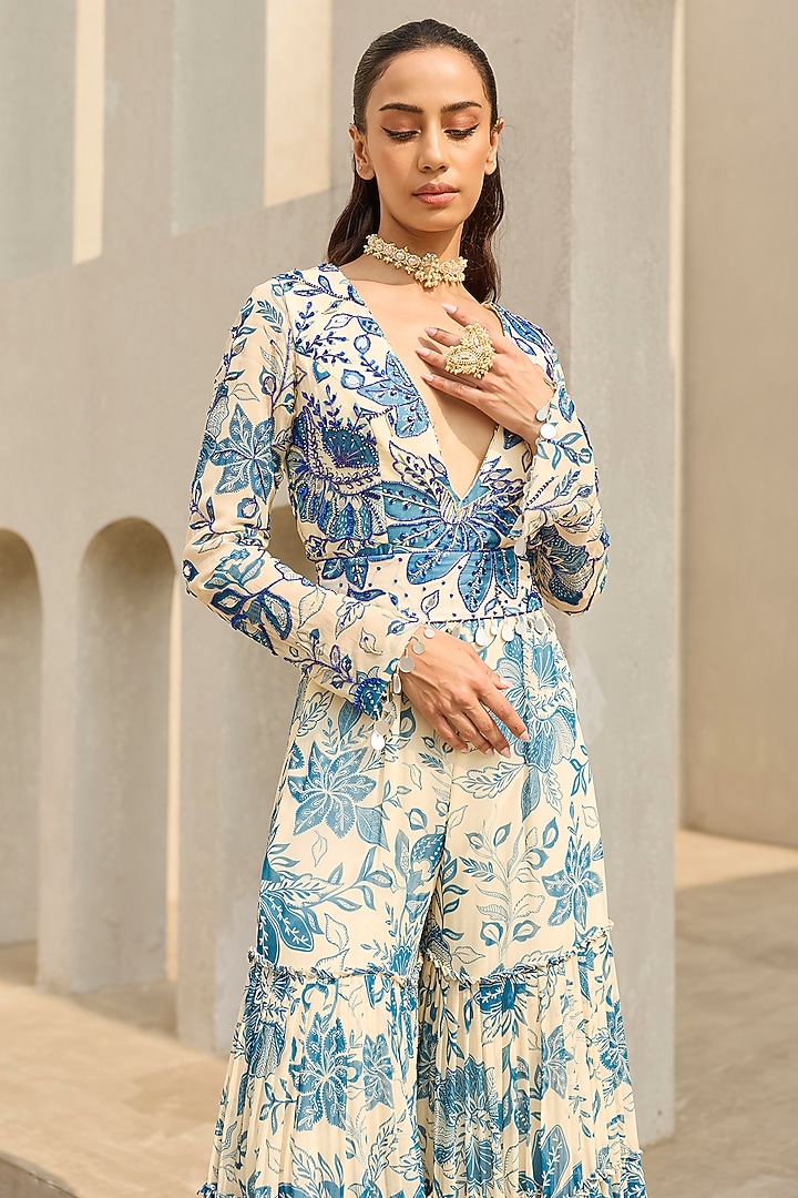 Ivory & Blue Georgette Floral Printed Jumpsuit by DiyaRajvvir at Pernia's Pop Up Shop